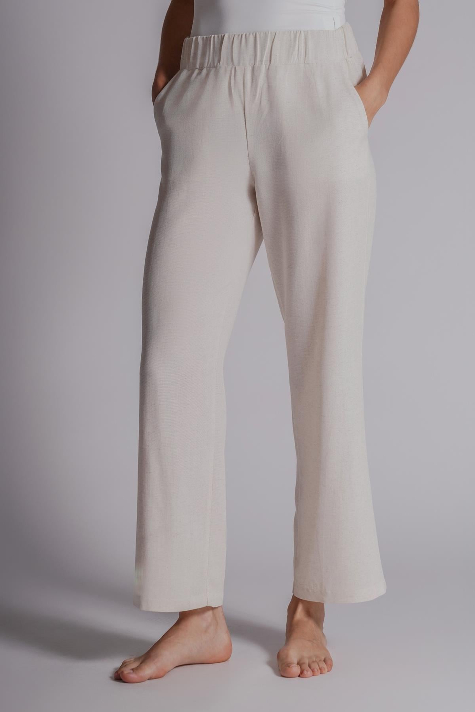 Kadın Keten Karışımlı Yandan Cepli Beli Lastikli Relaxed Fit Pantolon Naturel