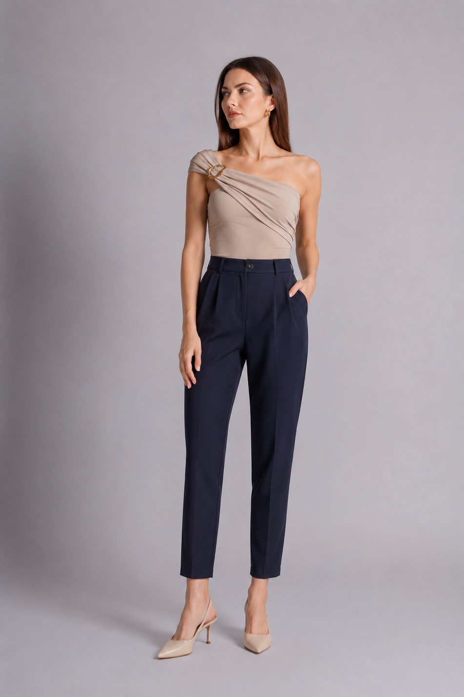 Kadın Yandan Cepli Arka Cep Fleto Beli Lastikli ve Pilili Slim Fit Pantolon Lacivert