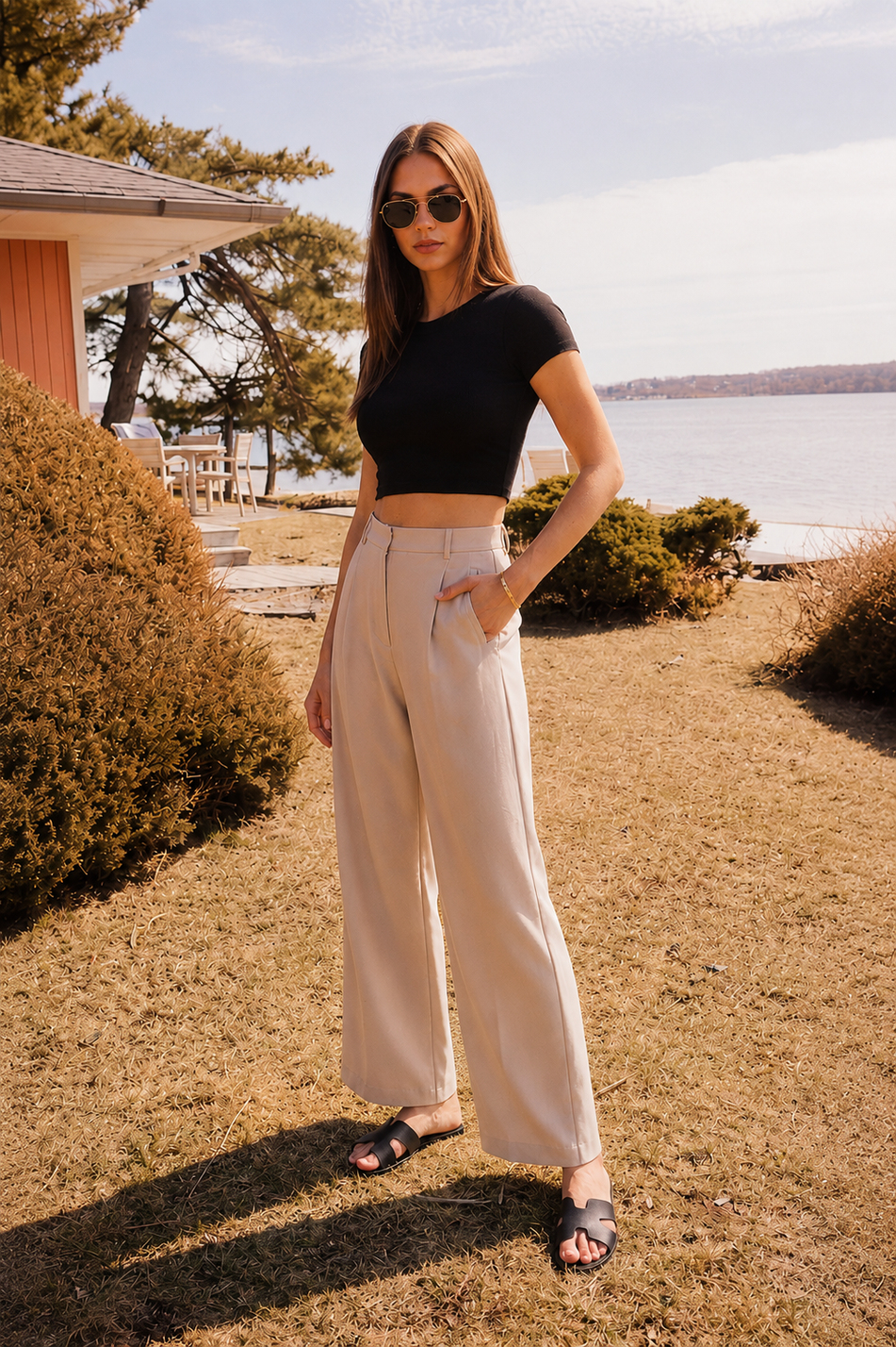  Women Side Pocket Zip and Hook Closure Relaxed Fit Pants  Stone