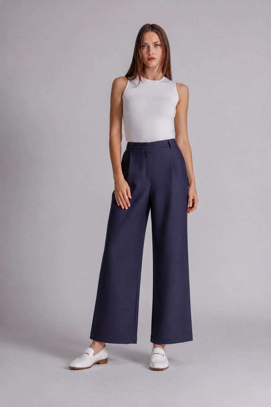  Women Side Pocket Zip and Hook Closure Relaxed Fit Pants  Navy Blue