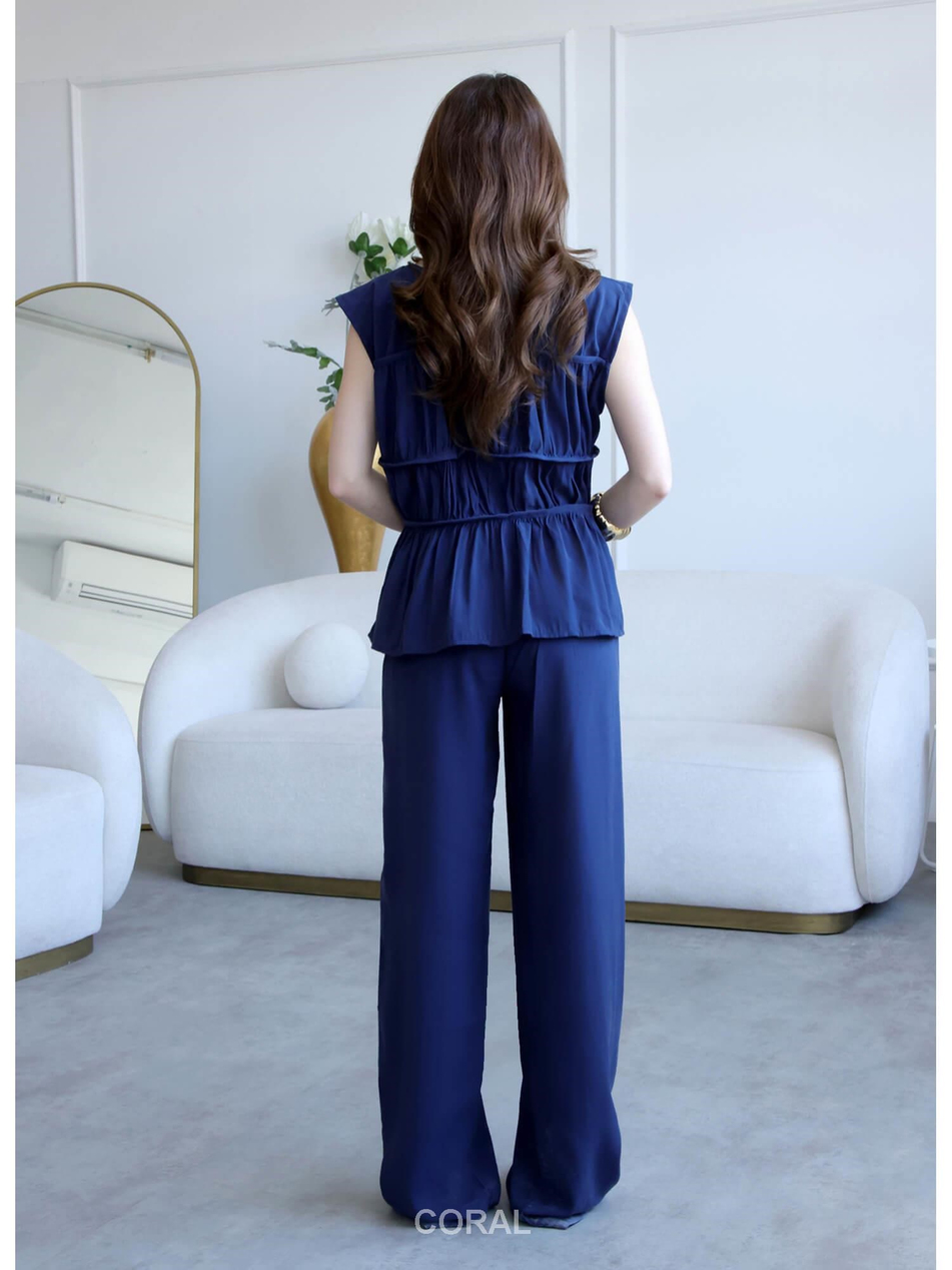 0483 Gipeli Kolsuz Bluz Pantolon Takım LacivertCoral