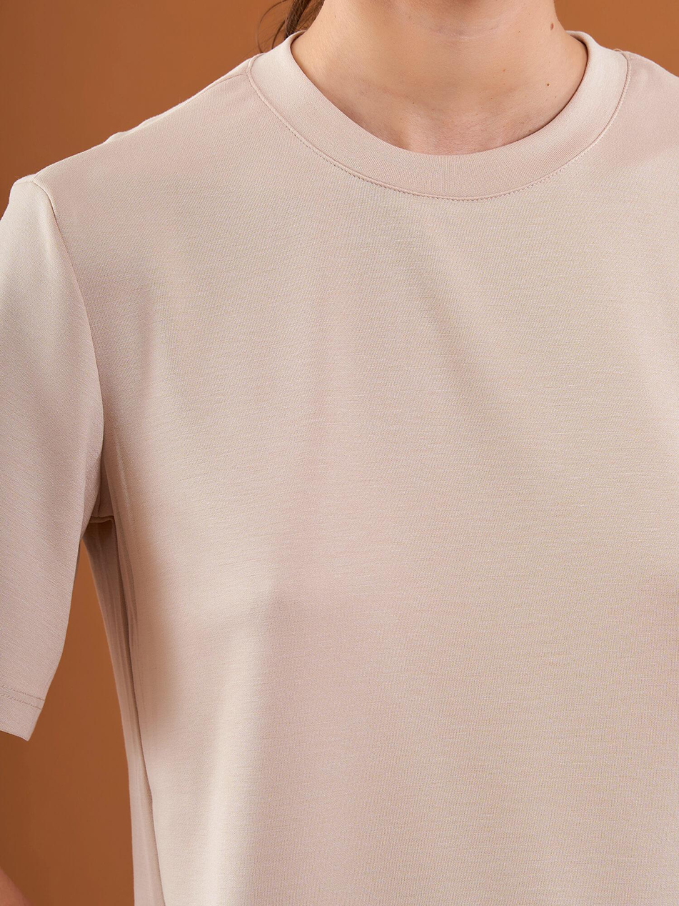 050733 Bisiklet Yaka Oversize Tişört BejCoral