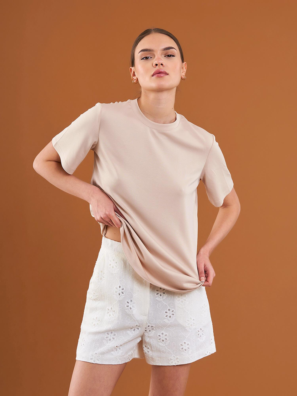 050733 Bisiklet Yaka Oversize Tişört BejCoral