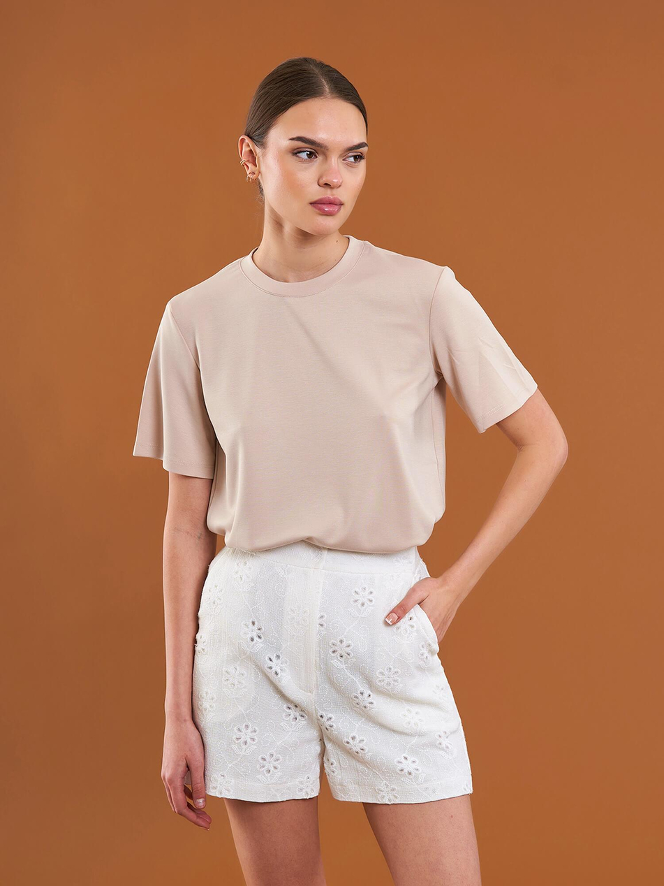 050733 Bisiklet Yaka Oversize Tişört BejCoral