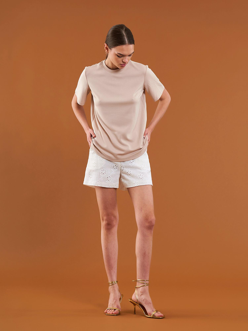 050733 Bisiklet Yaka Oversize Tişört BejCoral