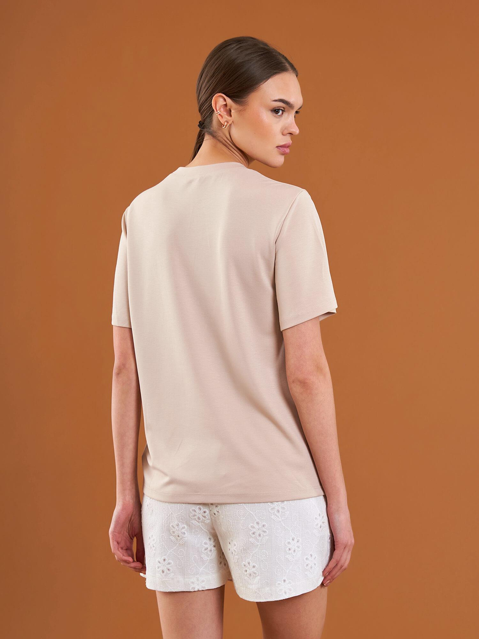 050733 Bisiklet Yaka Oversize Tişört BejCoral