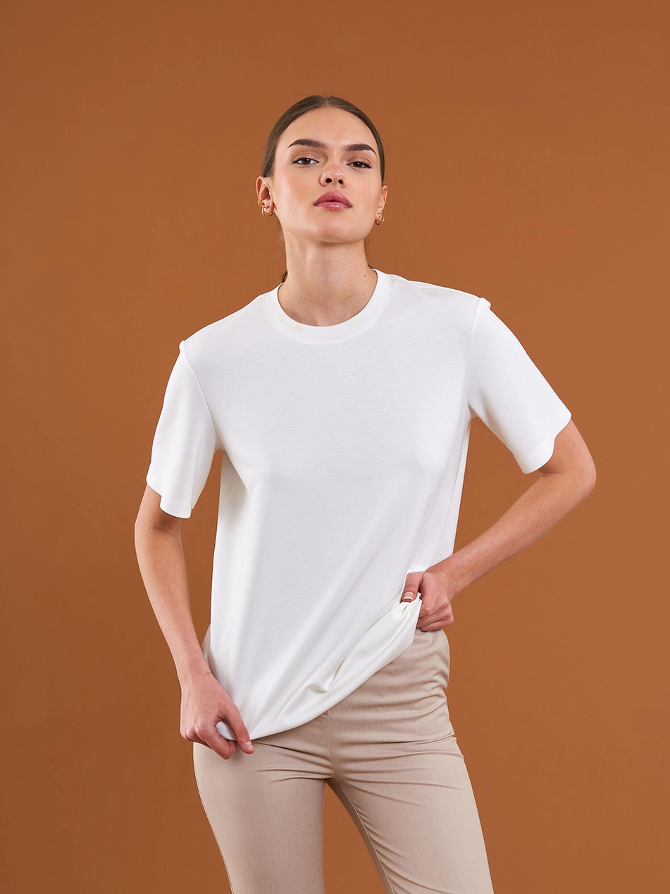 050733 Bisiklet Yaka Oversize Tişört EkruCoral