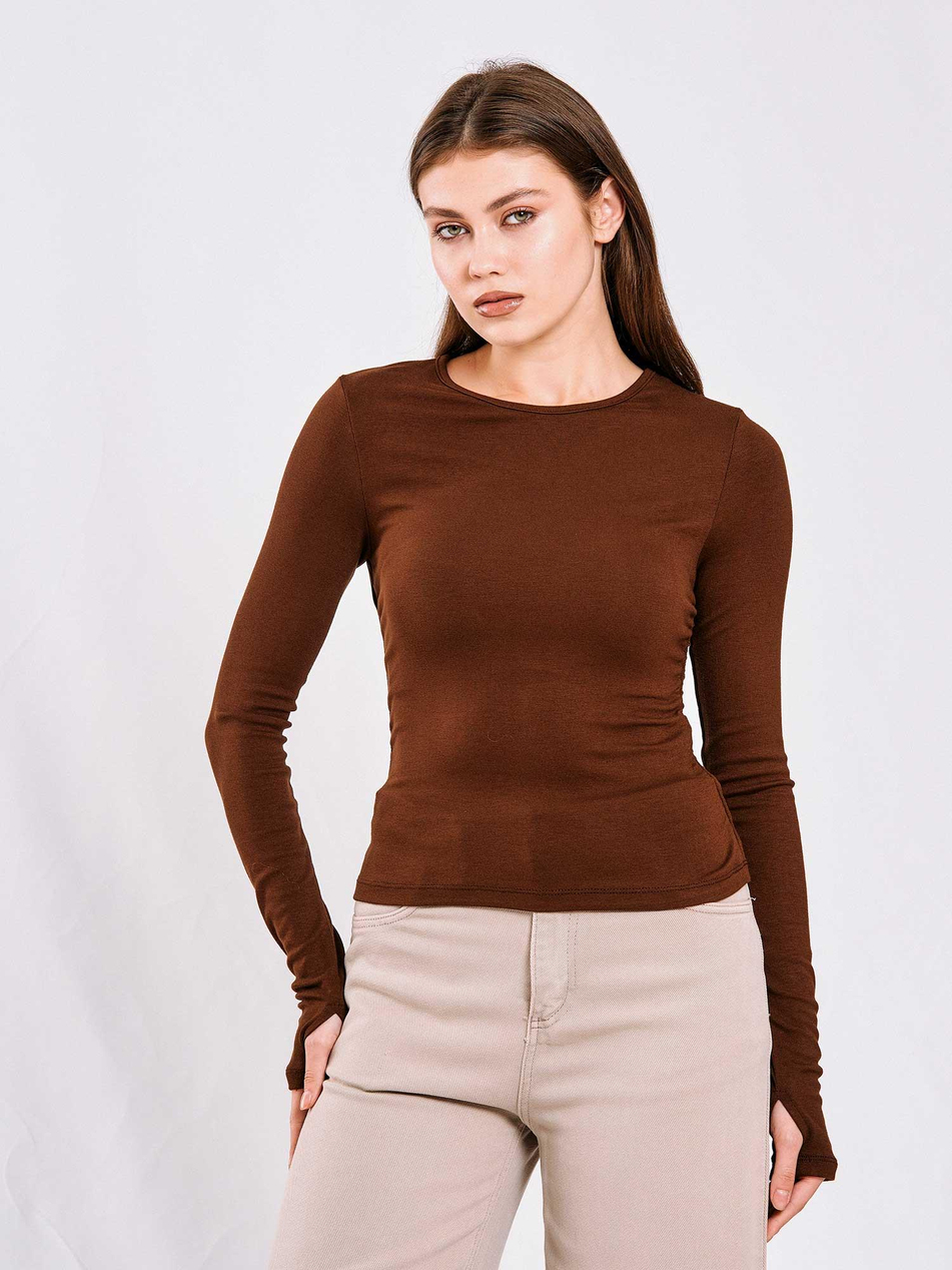 071782 Yanları Büzgülü Bluz KahveCoral