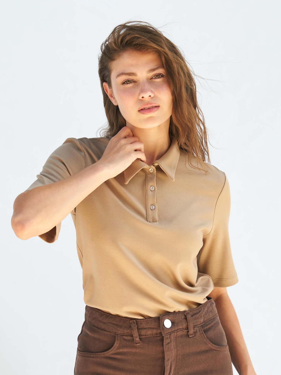 071824 Vatkalı Polo Yaka Bluz BejCoral