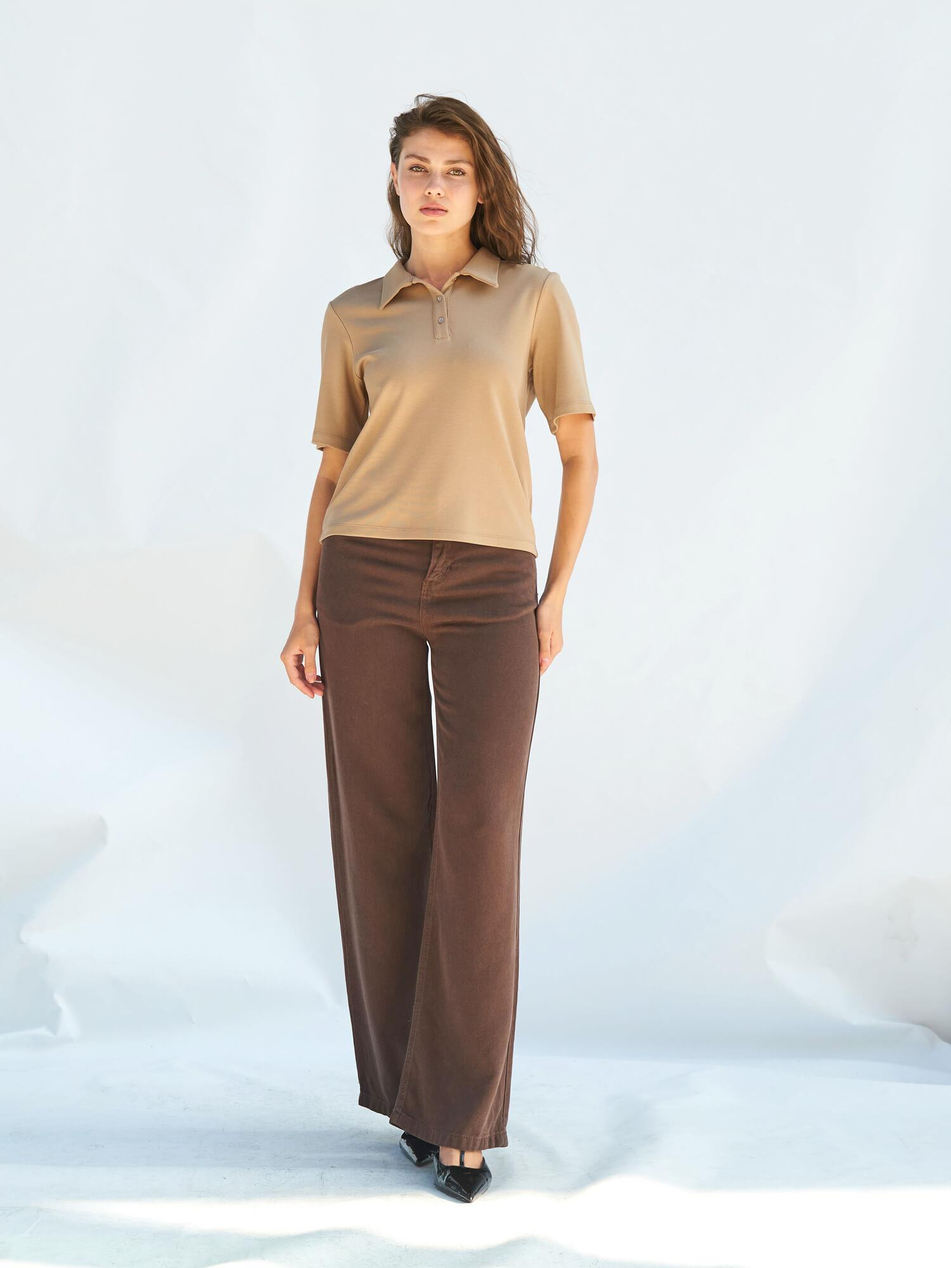 071824 Vatkalı Polo Yaka Bluz BejCoral