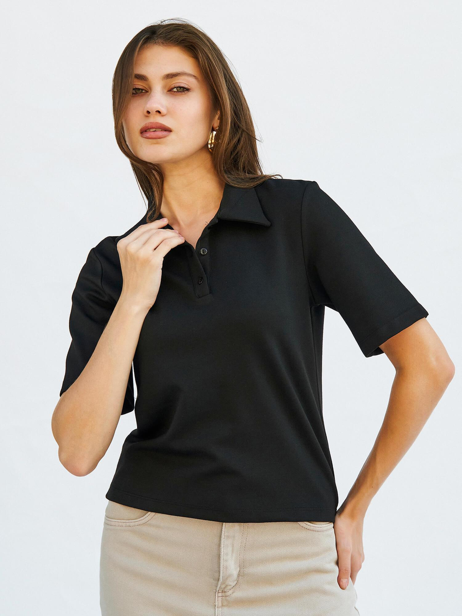 071824 Vatkalı Polo Yaka Bluz SiyahCoral