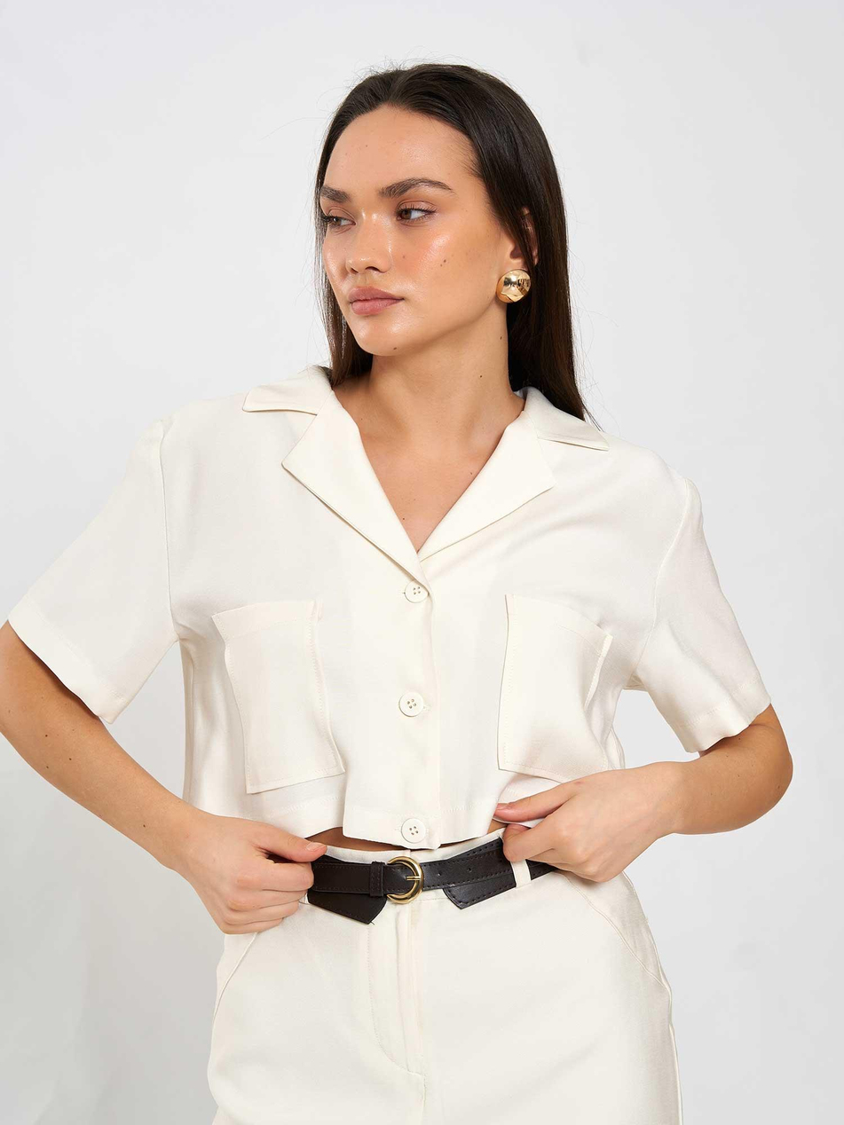 080801 Kısa Kollu Crop Cepli Gömlek KremCoral