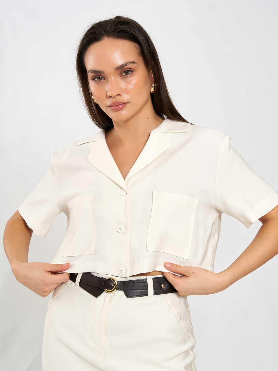 080801 Kısa Kollu Crop Cepli Gömlek KremCoral