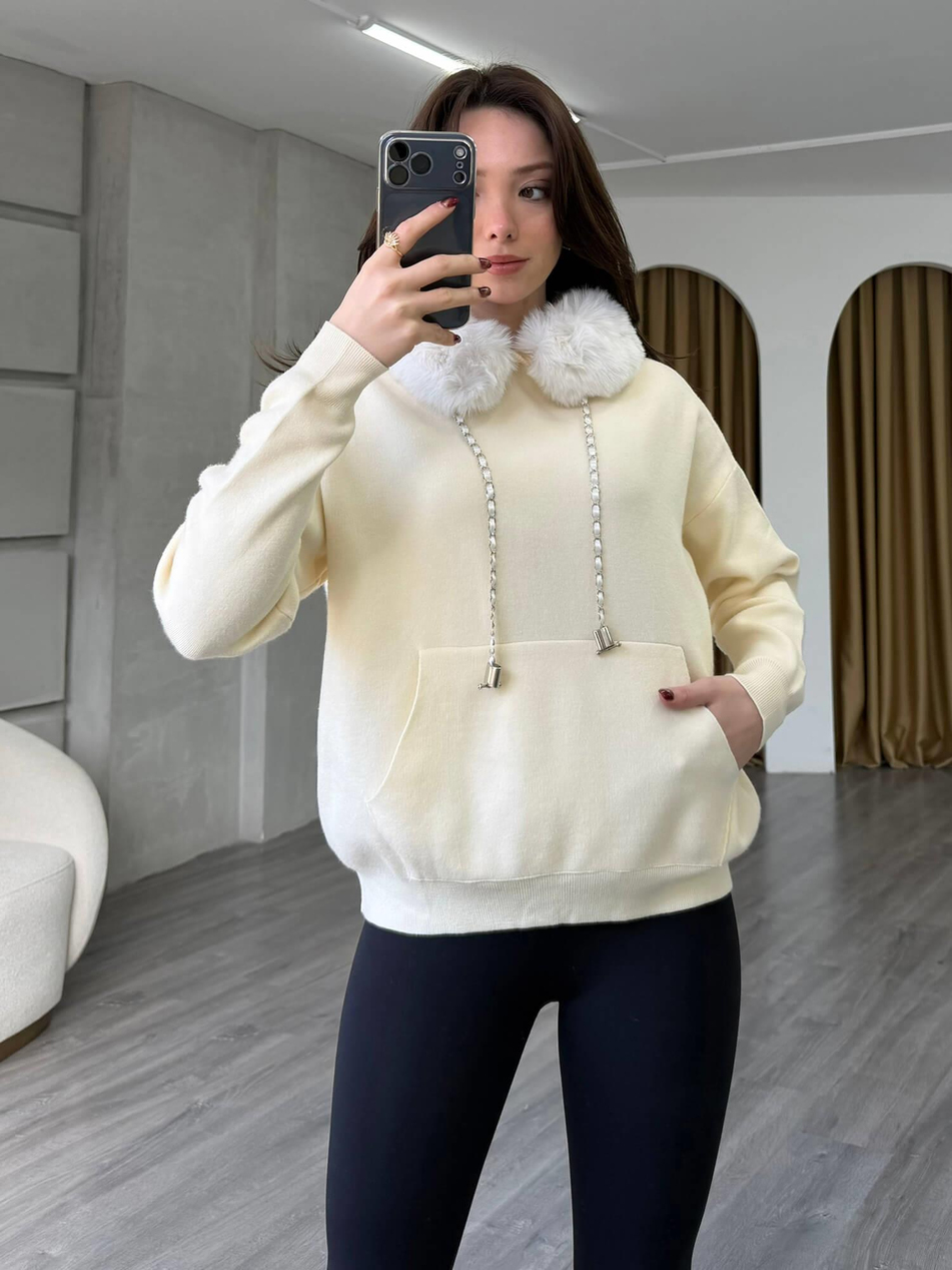 140214 Kürklü Kapüşonlu Triko Sweatshirt KremCoral
