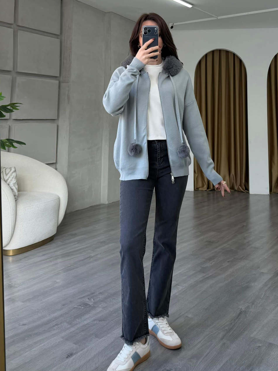 140215 Kürklü Ponponlu Fermuarlı Hırka GriCoral