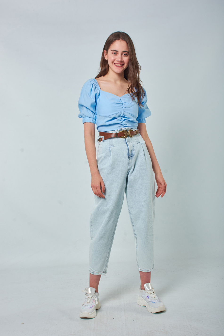 22370 Balon Kol Bluz Mavi-Coral