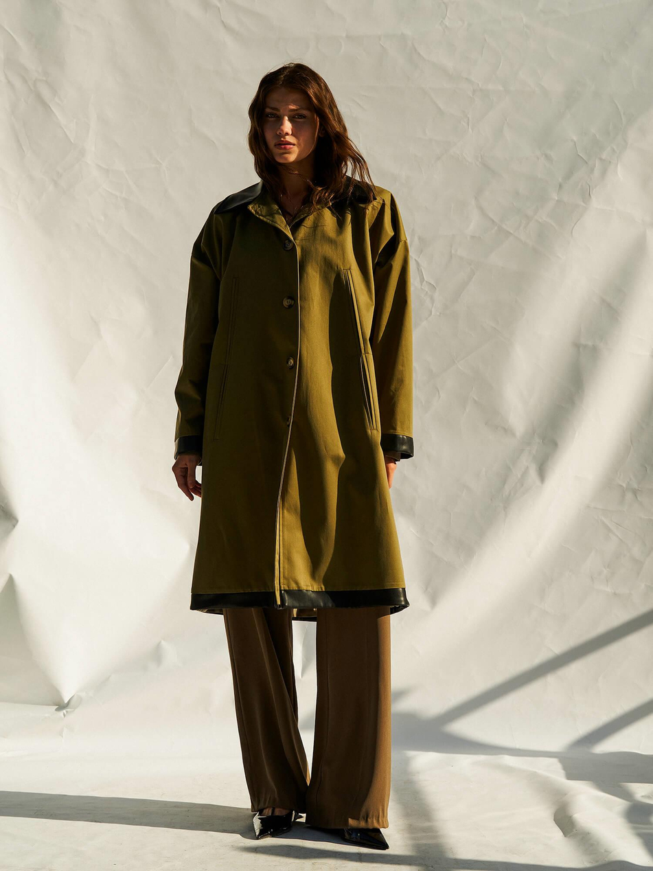 250462 Deri Yakalı Trençkot Açık Haki