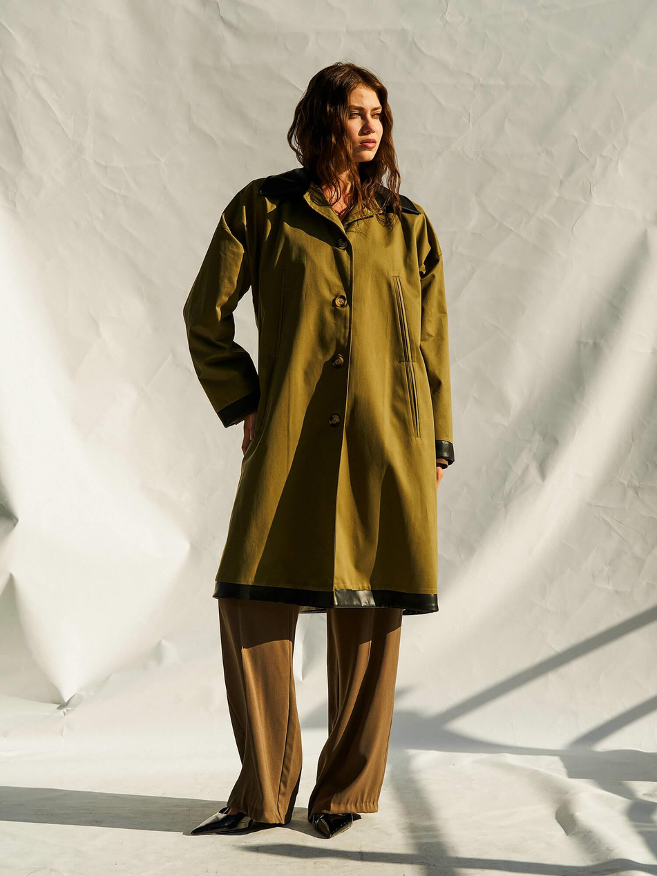 250462 Deri Yakalı Trençkot Açık HakiCoral