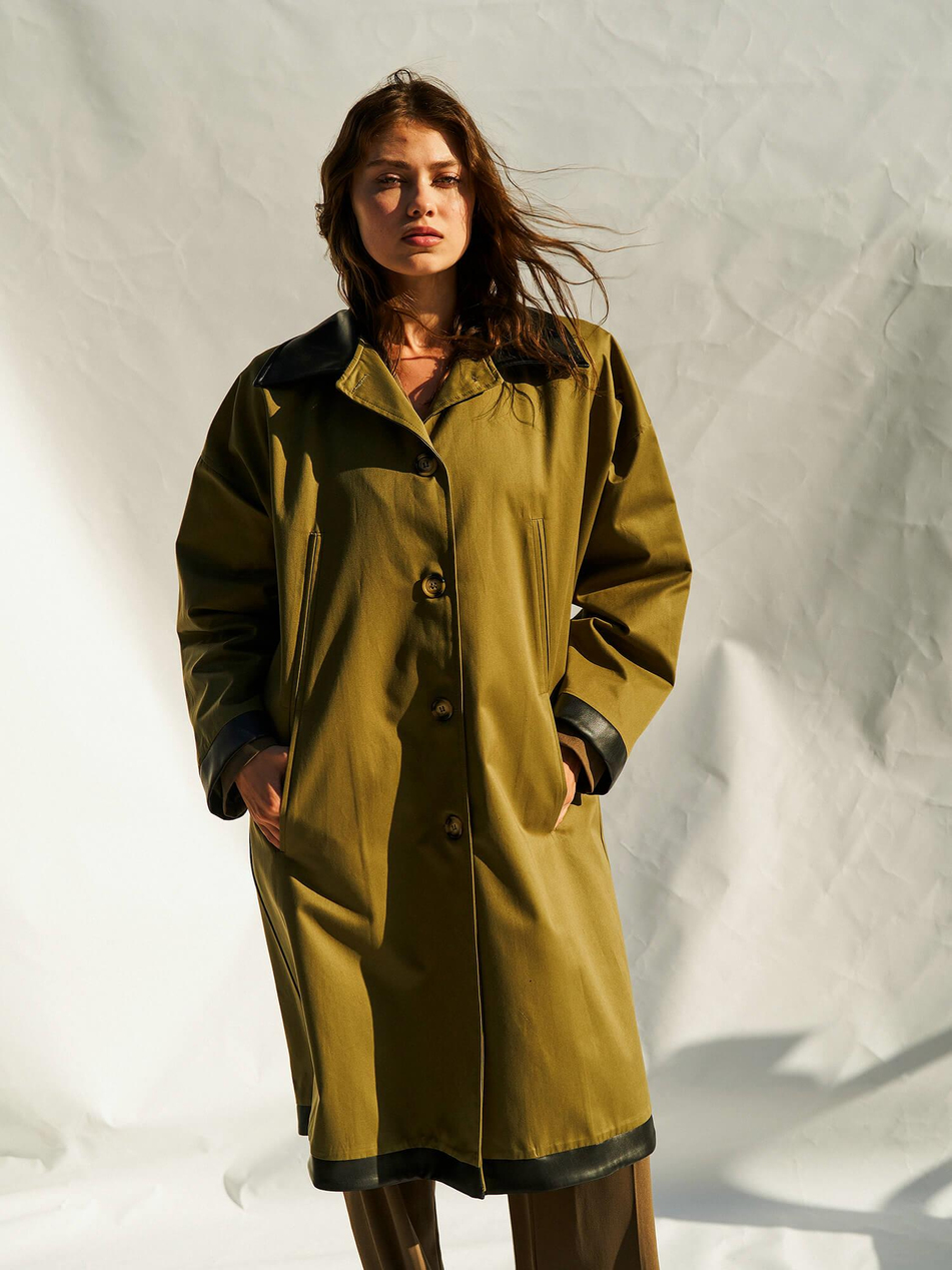 250462 Deri Yakalı Trençkot Açık HakiCoral