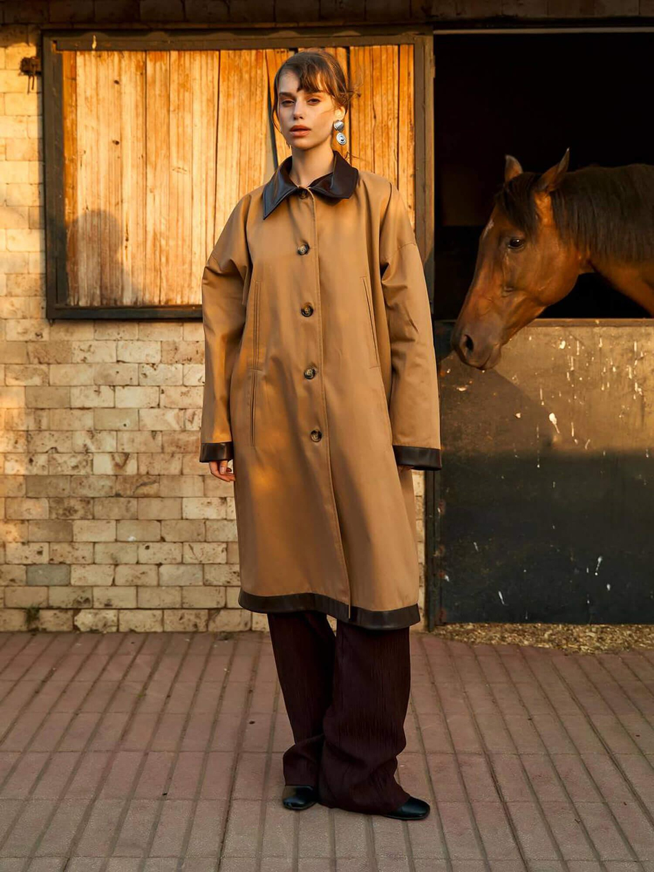 250462 Deri Yakalı Trençkot Bej