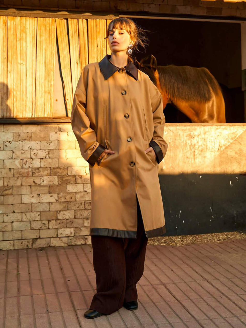 250462 Deri Yakalı Trençkot BejCoral