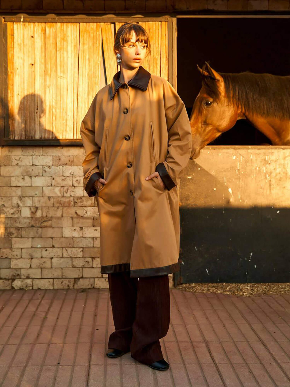 250462 Deri Yakalı Trençkot BejCoral