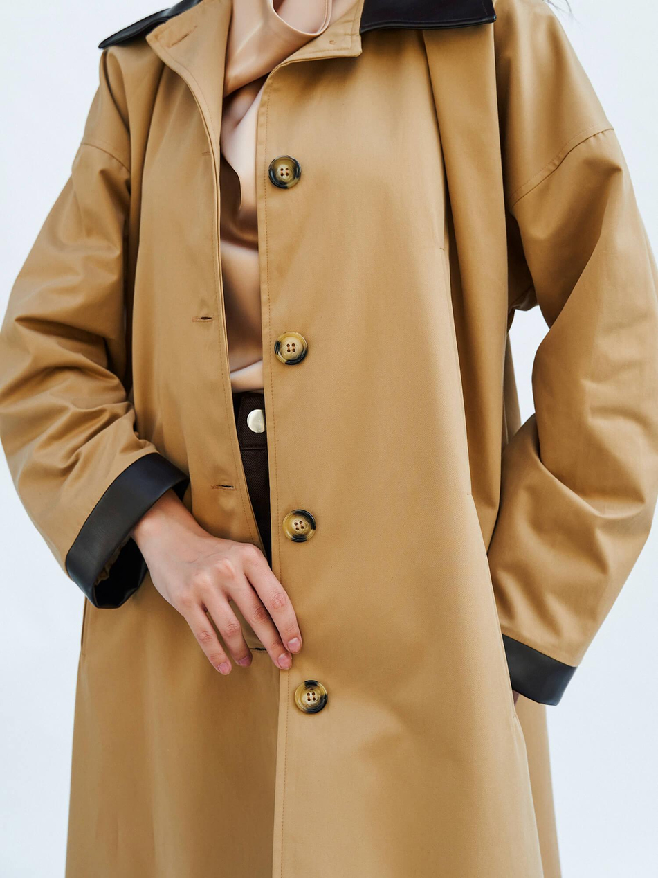 250462 Deri Yakalı Trençkot BejCoral