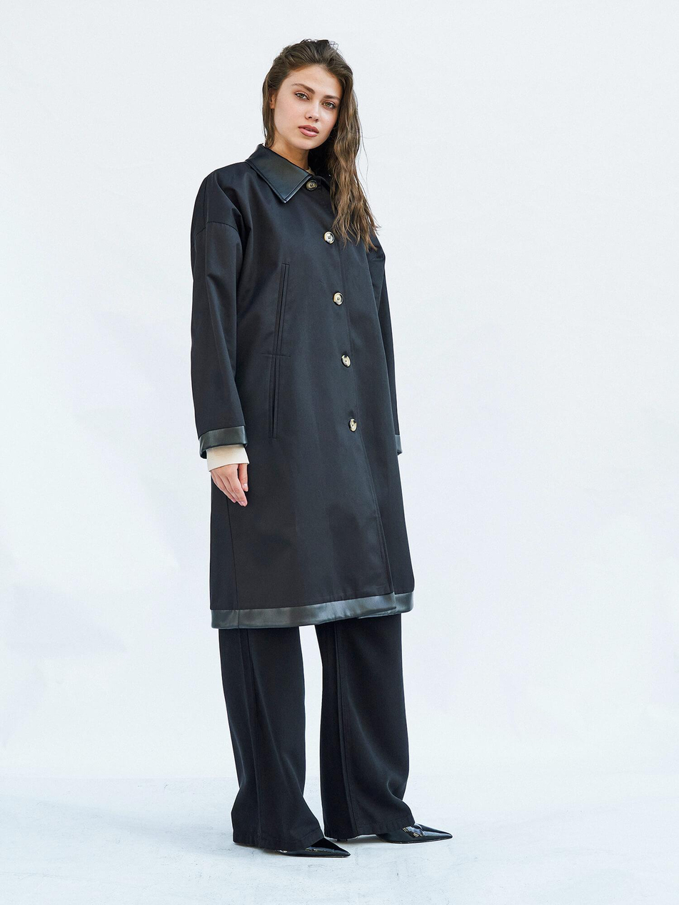 250462 Deri Yakalı Trençkot SiyahCoral