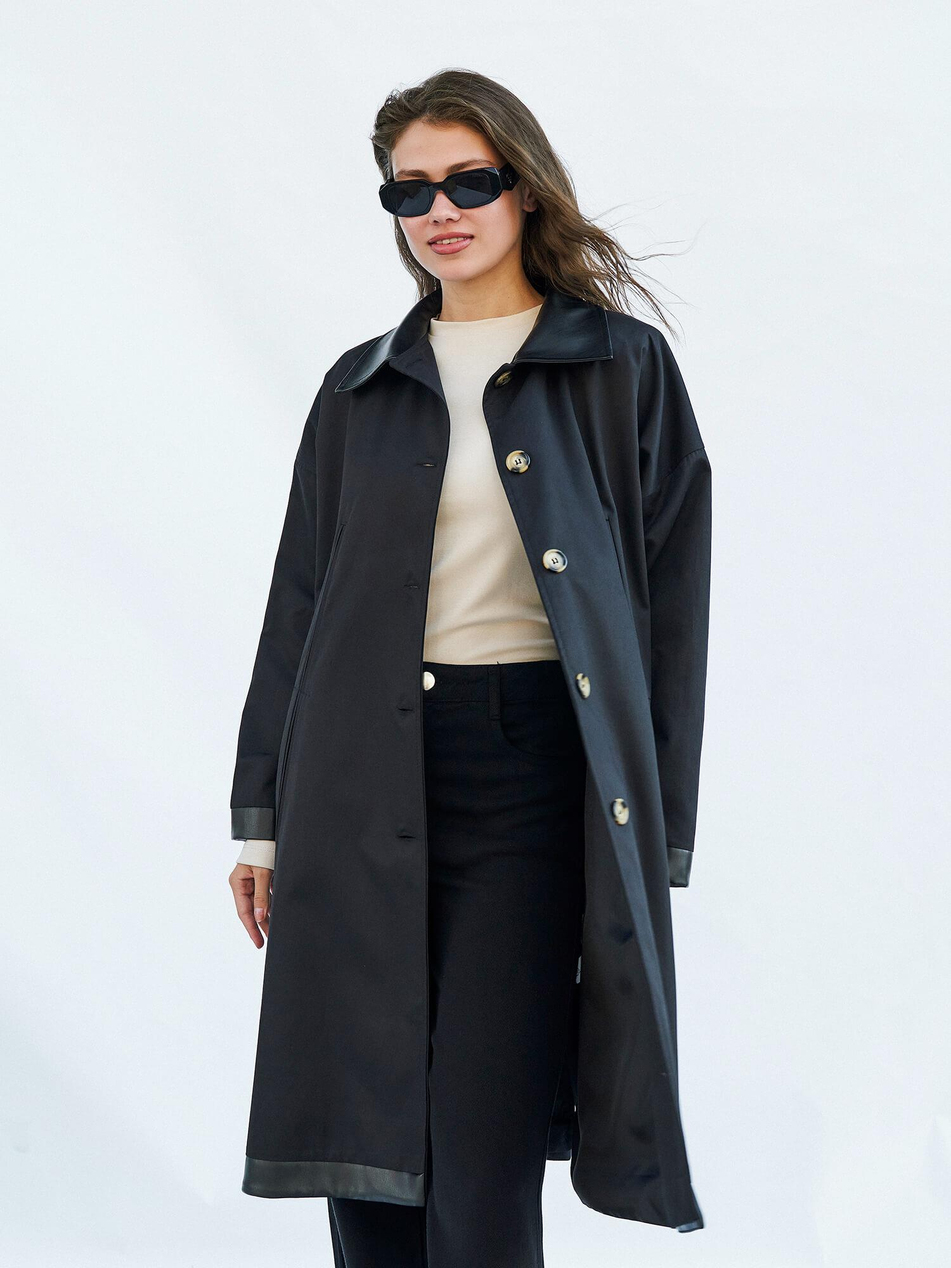 250462 Deri Yakalı Trençkot SiyahCoral