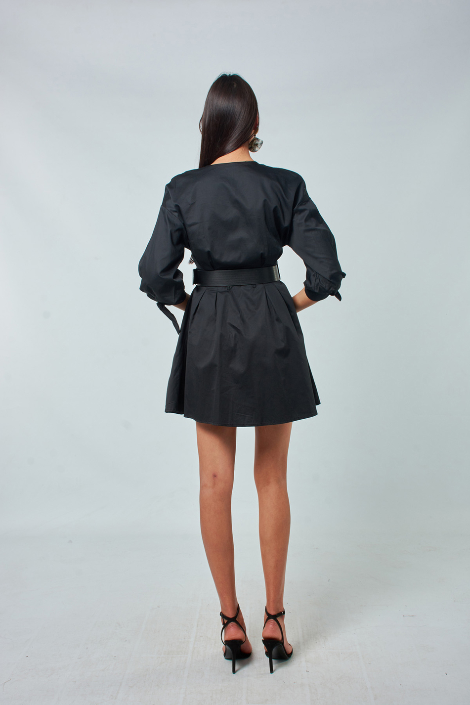 31143 Beli Kemerli Elbise Siyah-Coral