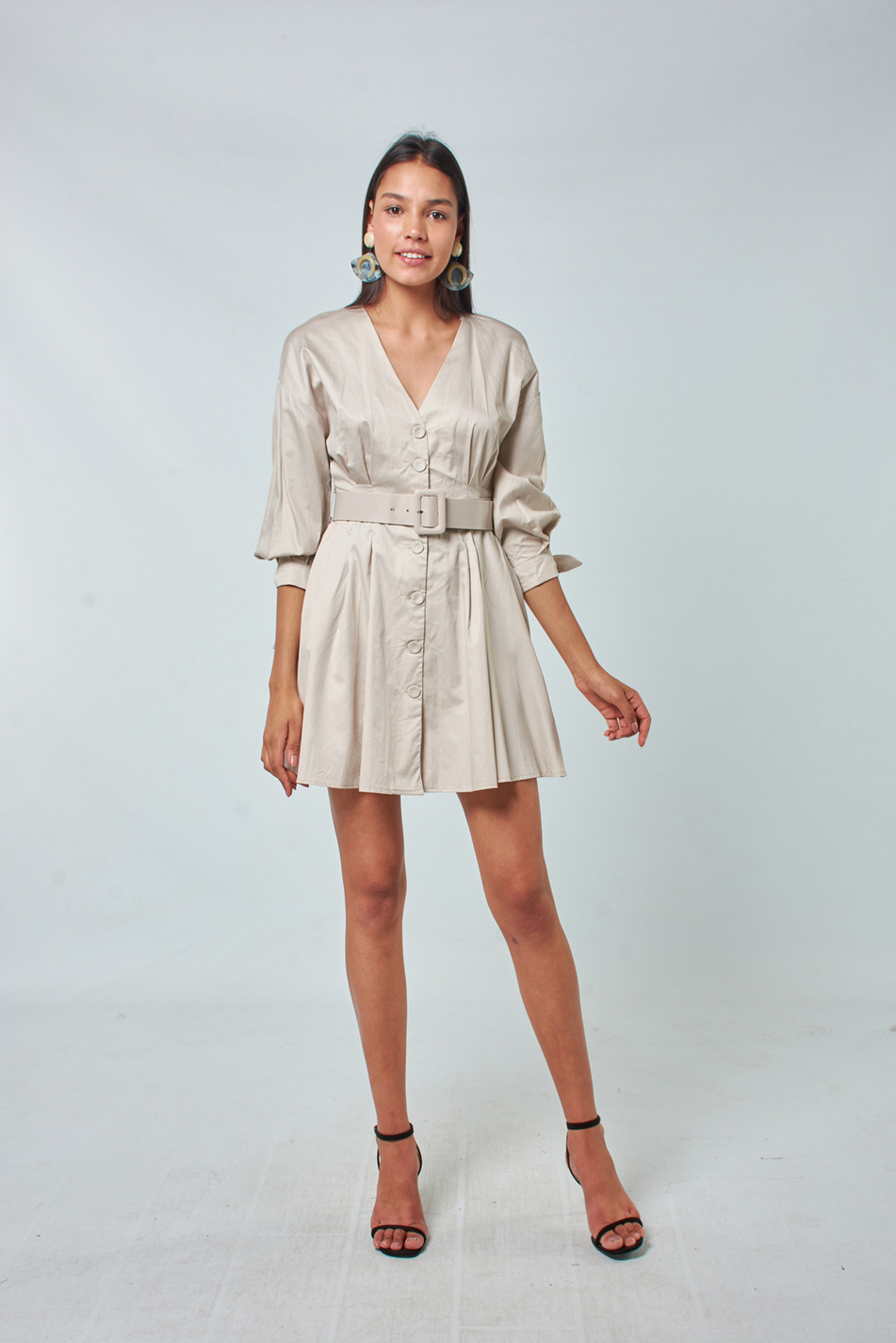 31143 Beli Kemerli Elbise Taş-Coral