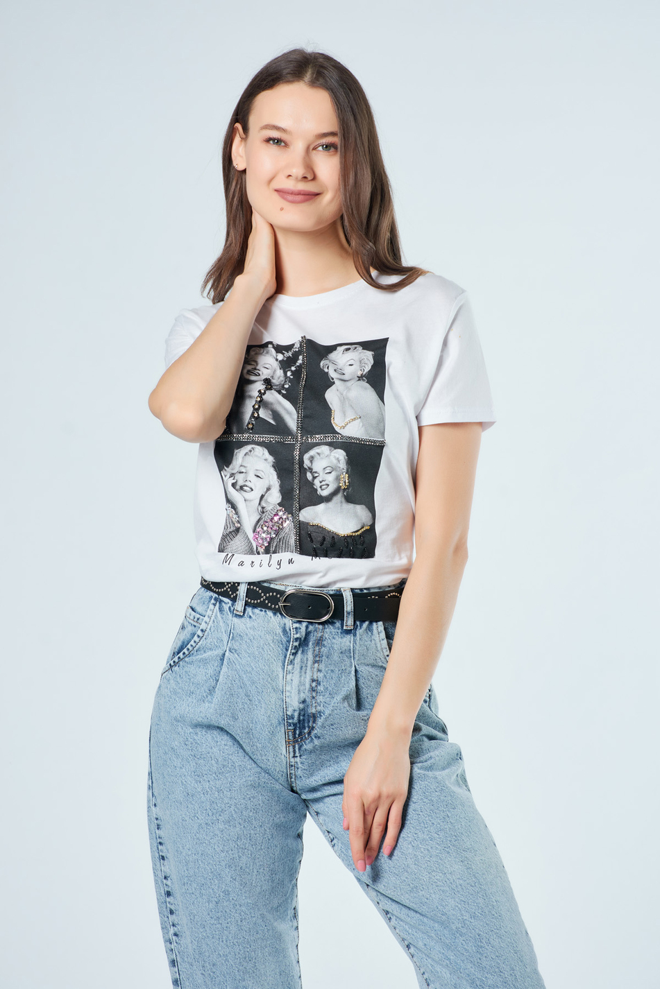 3176 Marilyn Monroe Resimli T-Shirt Beyaz-Coral
