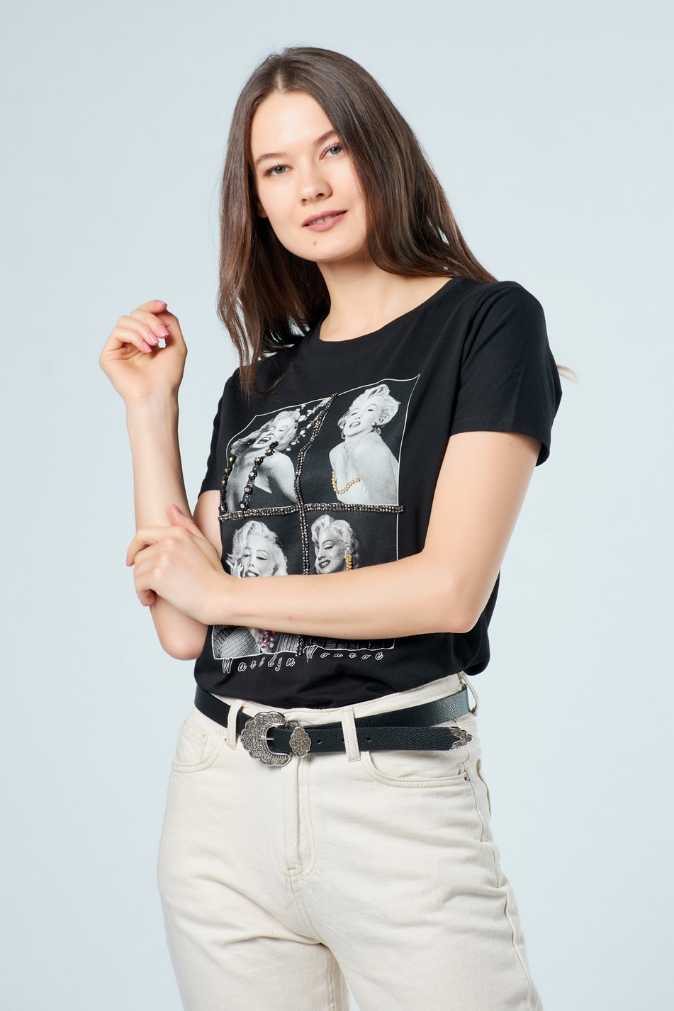 3176 Marilyn Monroe Resimli T-Shirt Siyah-Coral