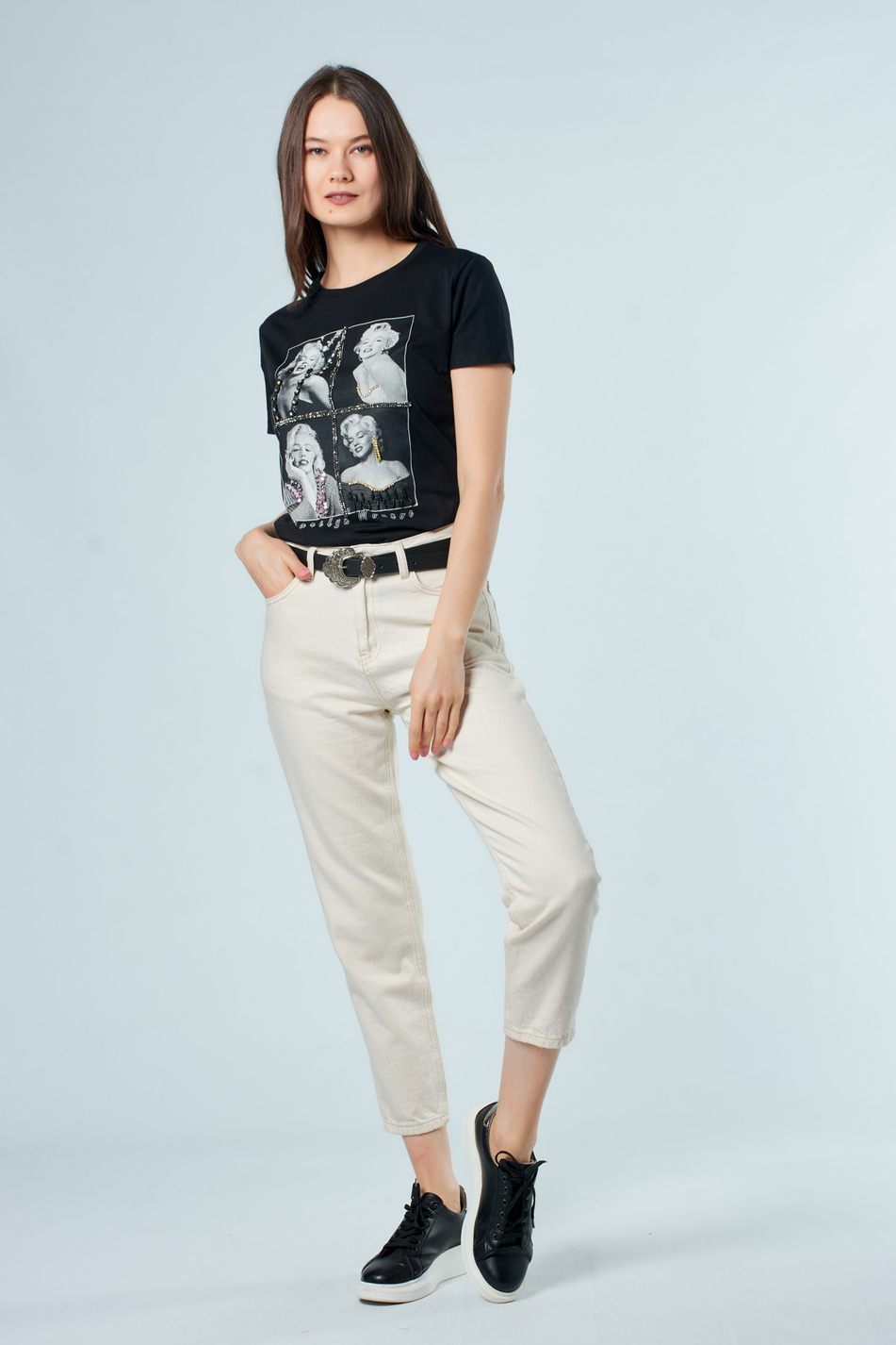 3176 Marilyn Monroe Resimli T-Shirt Siyah-Coral