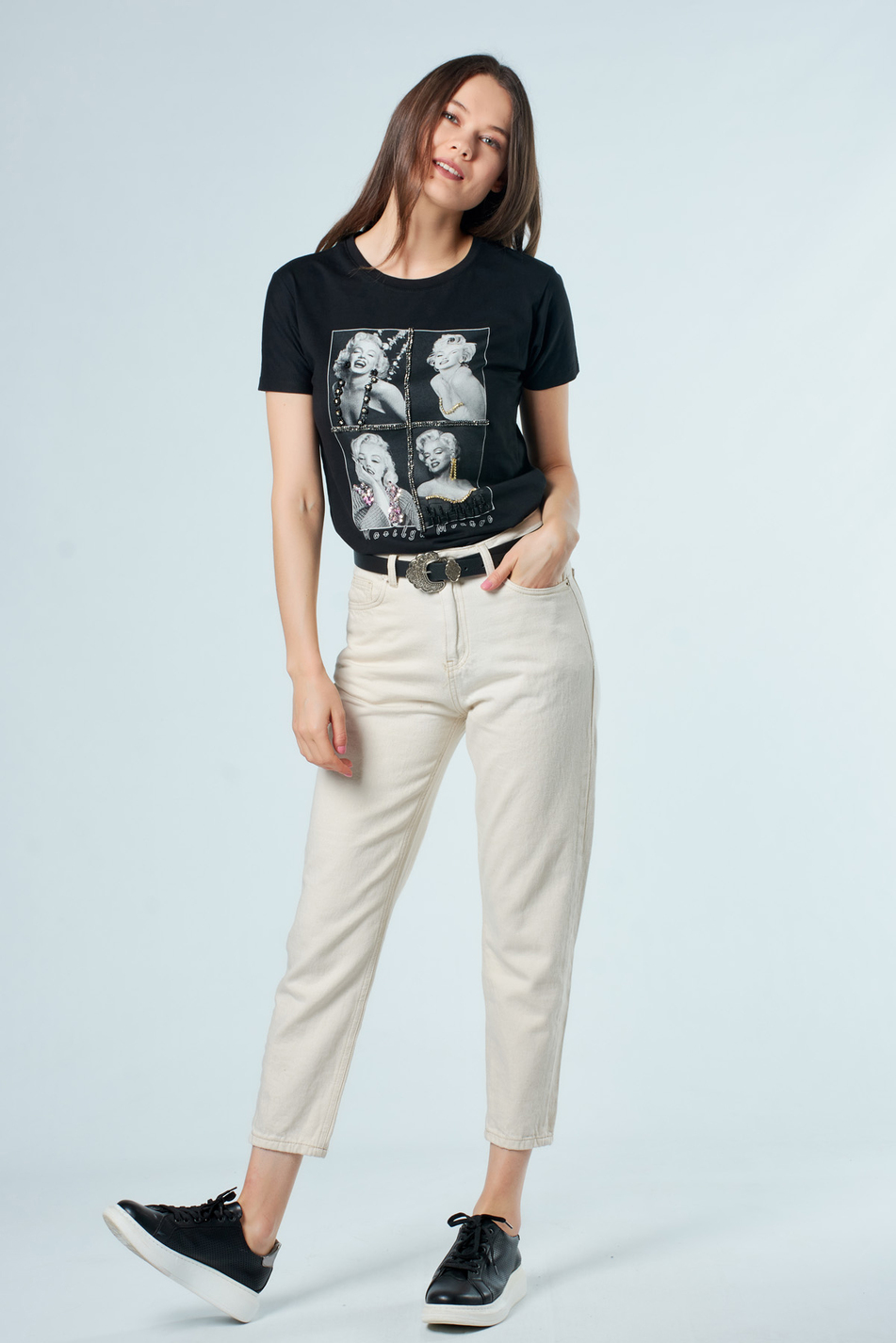 3176 Marilyn Monroe Resimli T-Shirt Siyah-Coral