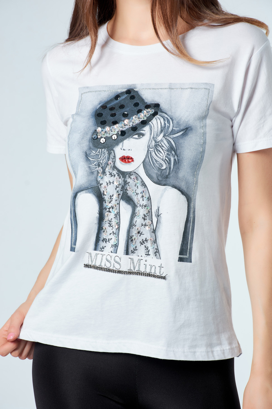 3238 Pullu Şapkalı Kadın Baskılı T-Shirt Beyaz-Coral