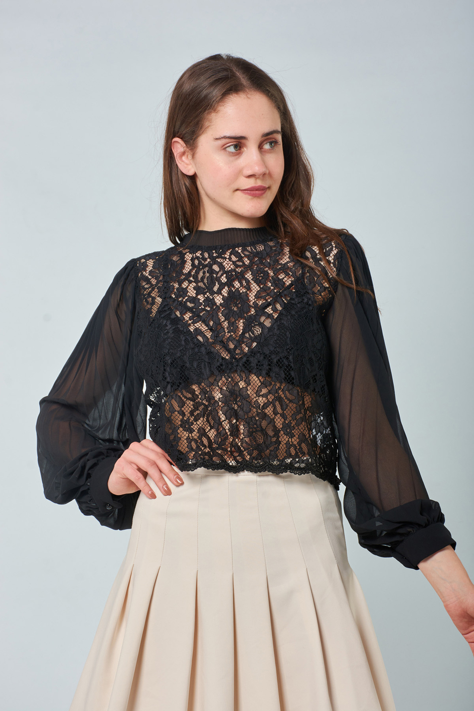 32565 Kolları Piliseli Dantel Bluz Siyah-Coral