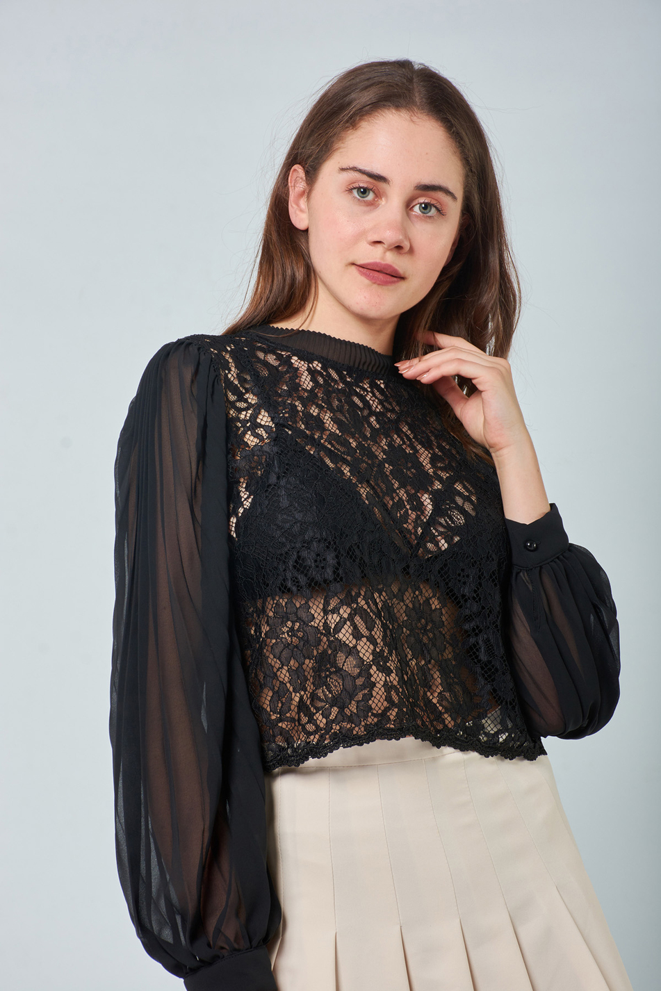 32565 Kolları Piliseli Dantel Bluz Siyah-Coral