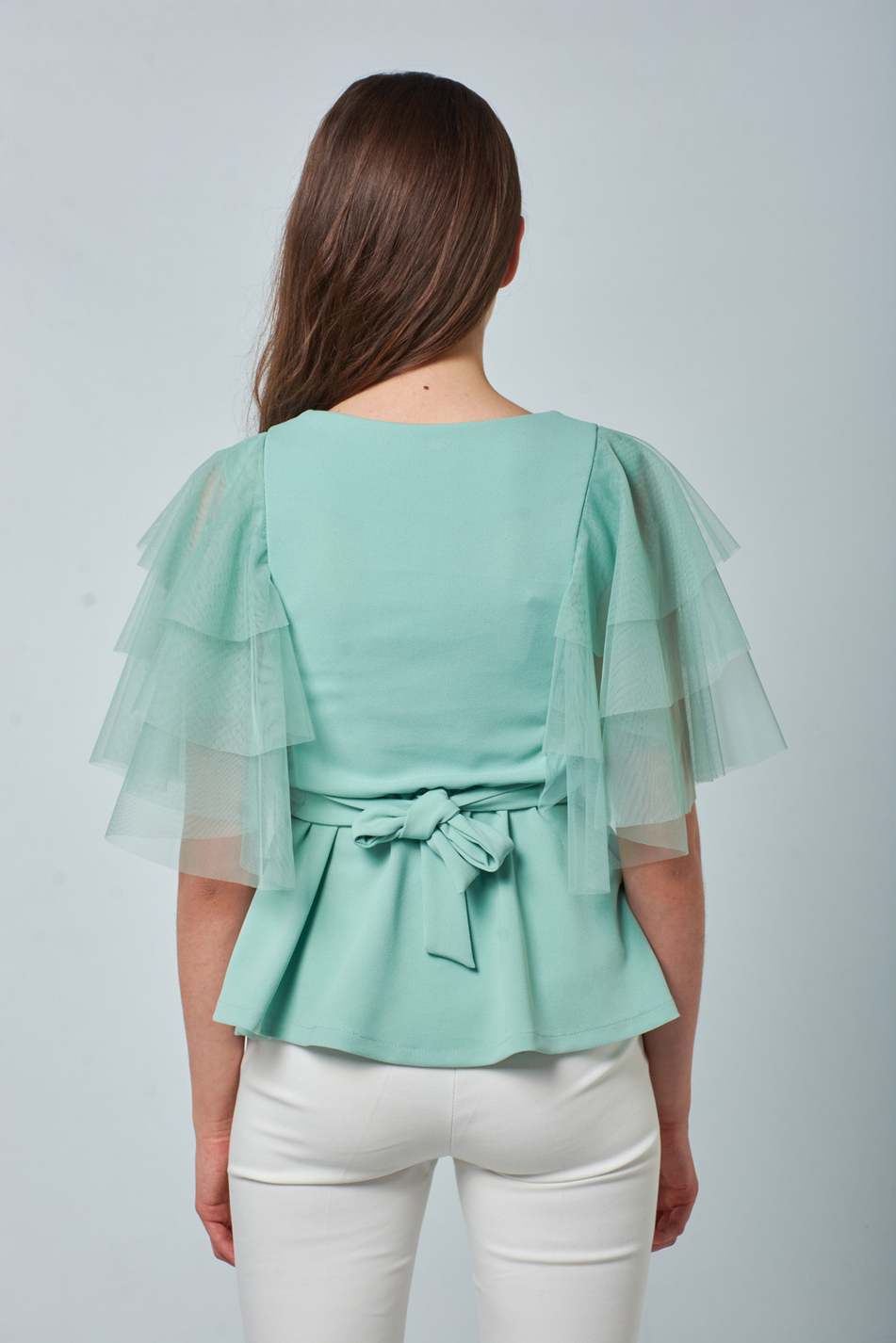 32578 Organze Kısa Kol Bluz Mint Yeşılı-Coral