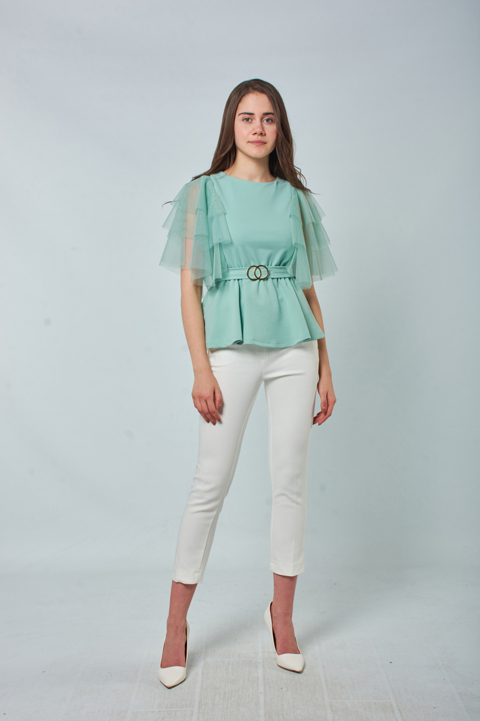 32578 Organze Kısa Kol Bluz Mint Yeşılı-Coral