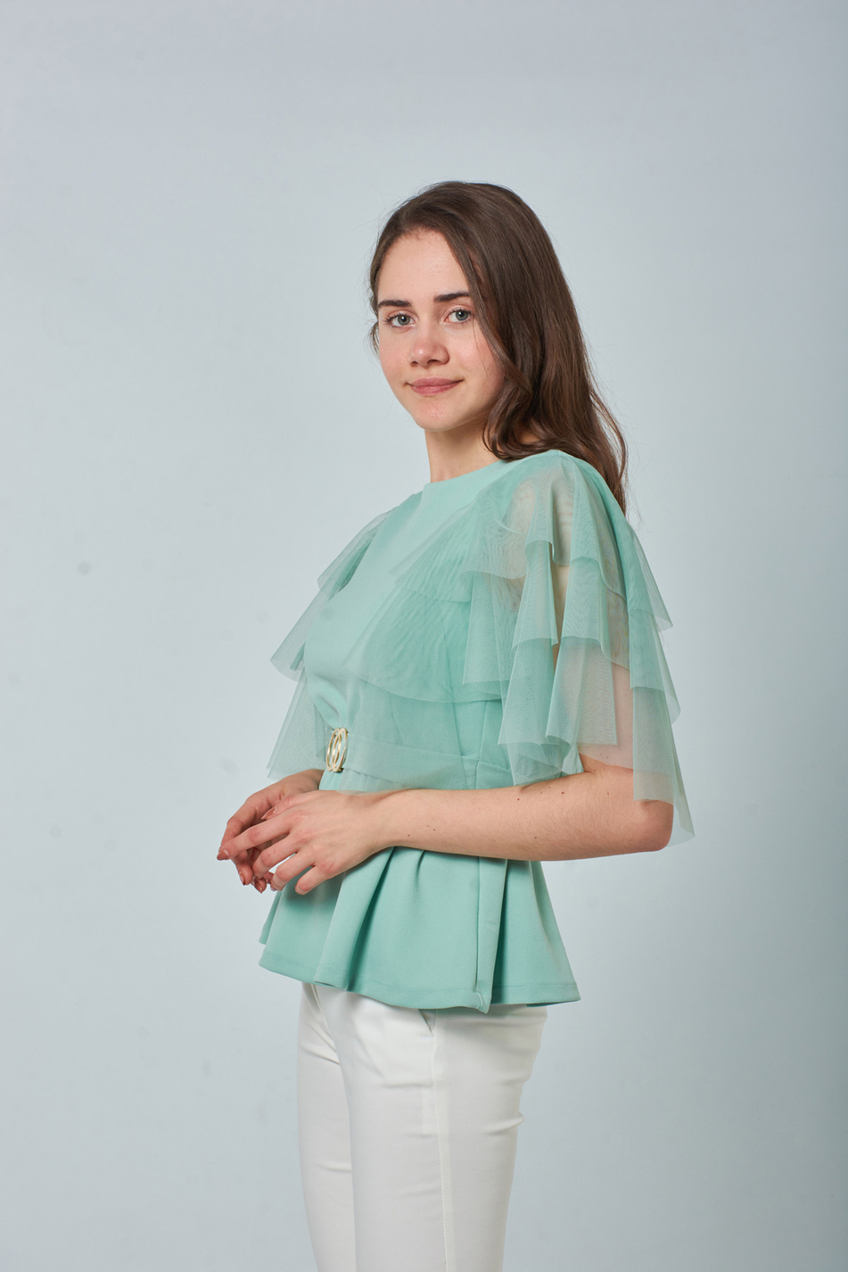 32578 Organze Kısa Kol Bluz Mint Yeşılı-Coral