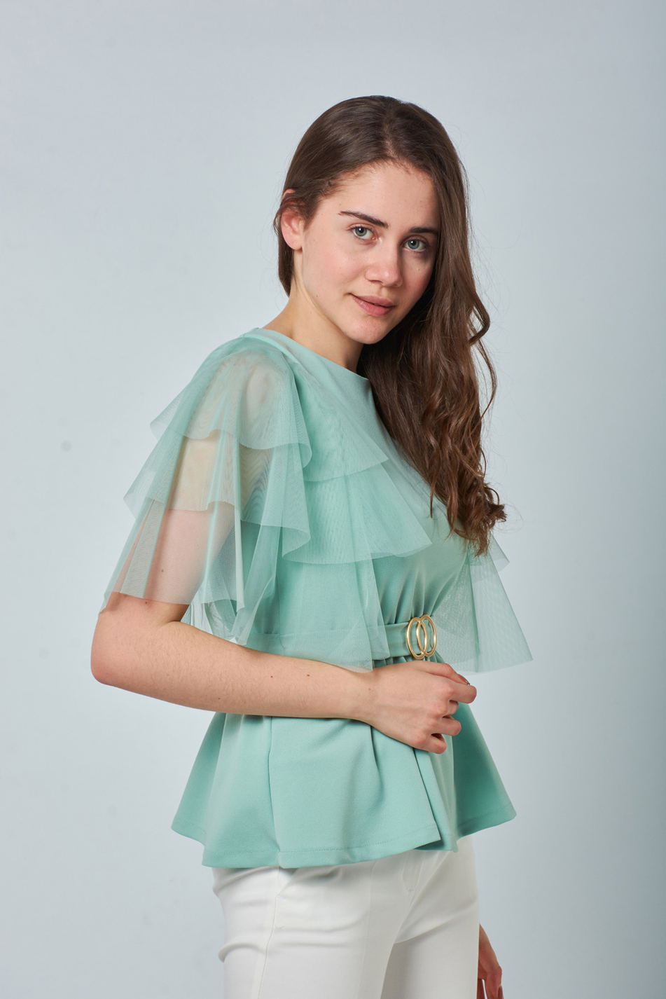 32578 Organze Kısa Kol Bluz Mint Yeşılı-Coral