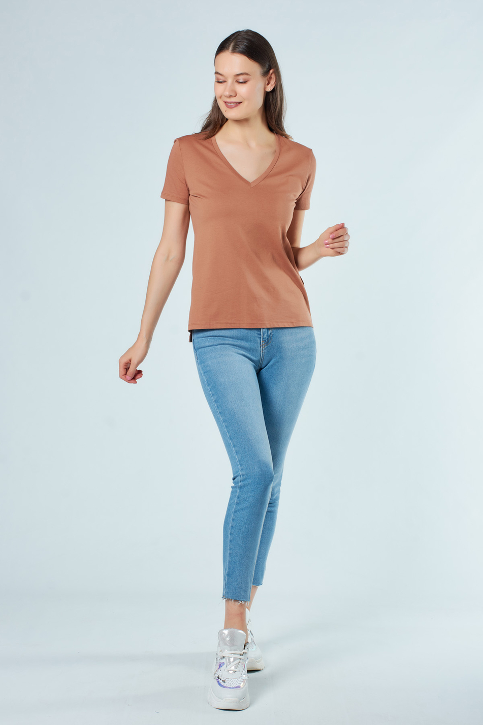 3470 V Yaka Basic T-Shirt Bakır-Coral
