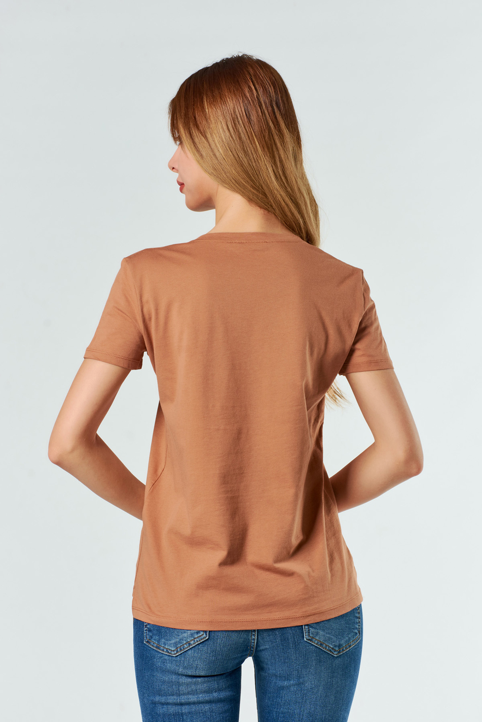 3470 V Yaka Basic T-Shirt Bakır-Coral