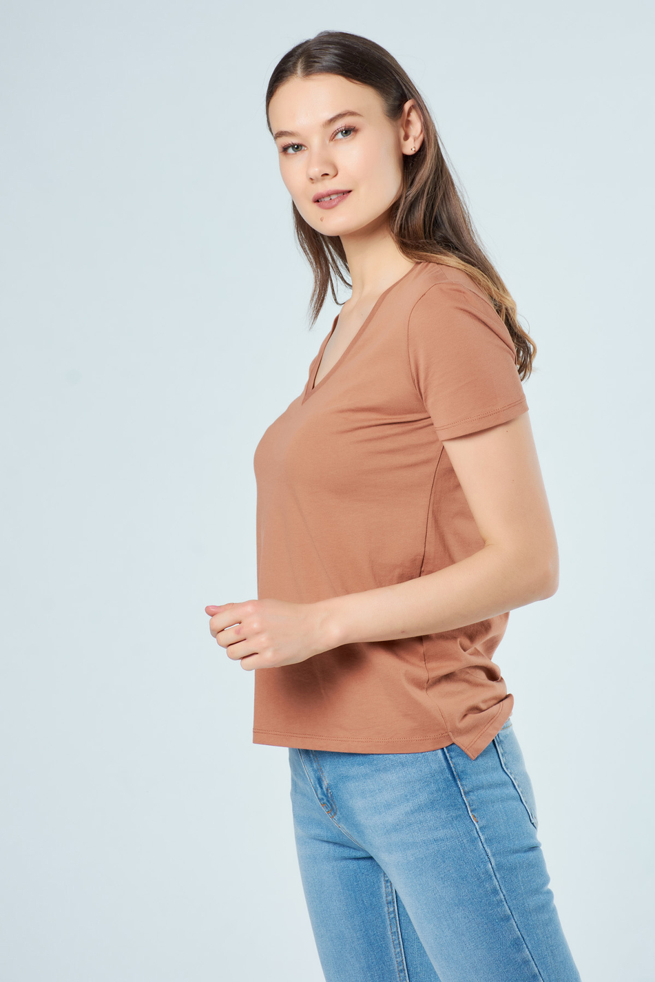3470 V Yaka Basic T-Shirt Bakır-Coral