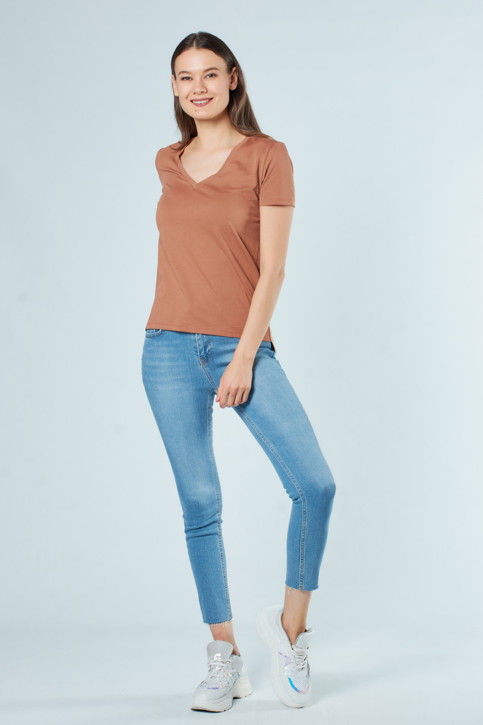 3470 V Yaka Basic T-Shirt Bakır-Coral