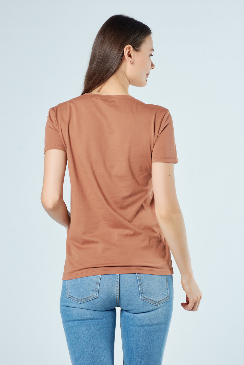 3470 V Yaka Basic T-Shirt Bakır-Coral