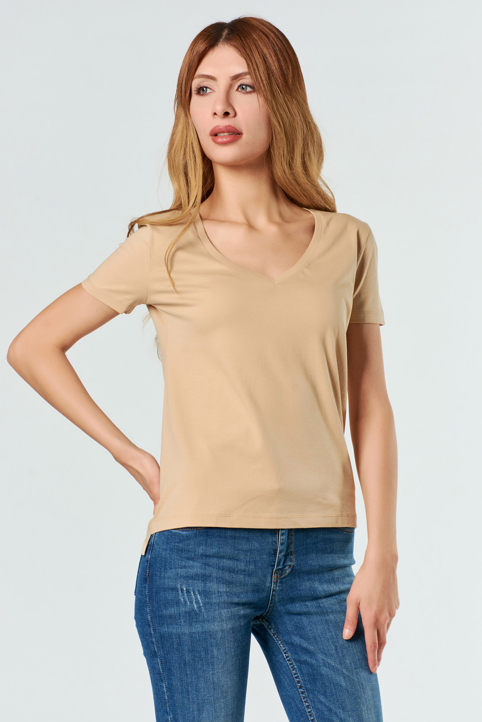 3470 V Yaka Basic T-Shirt Camel-Coral