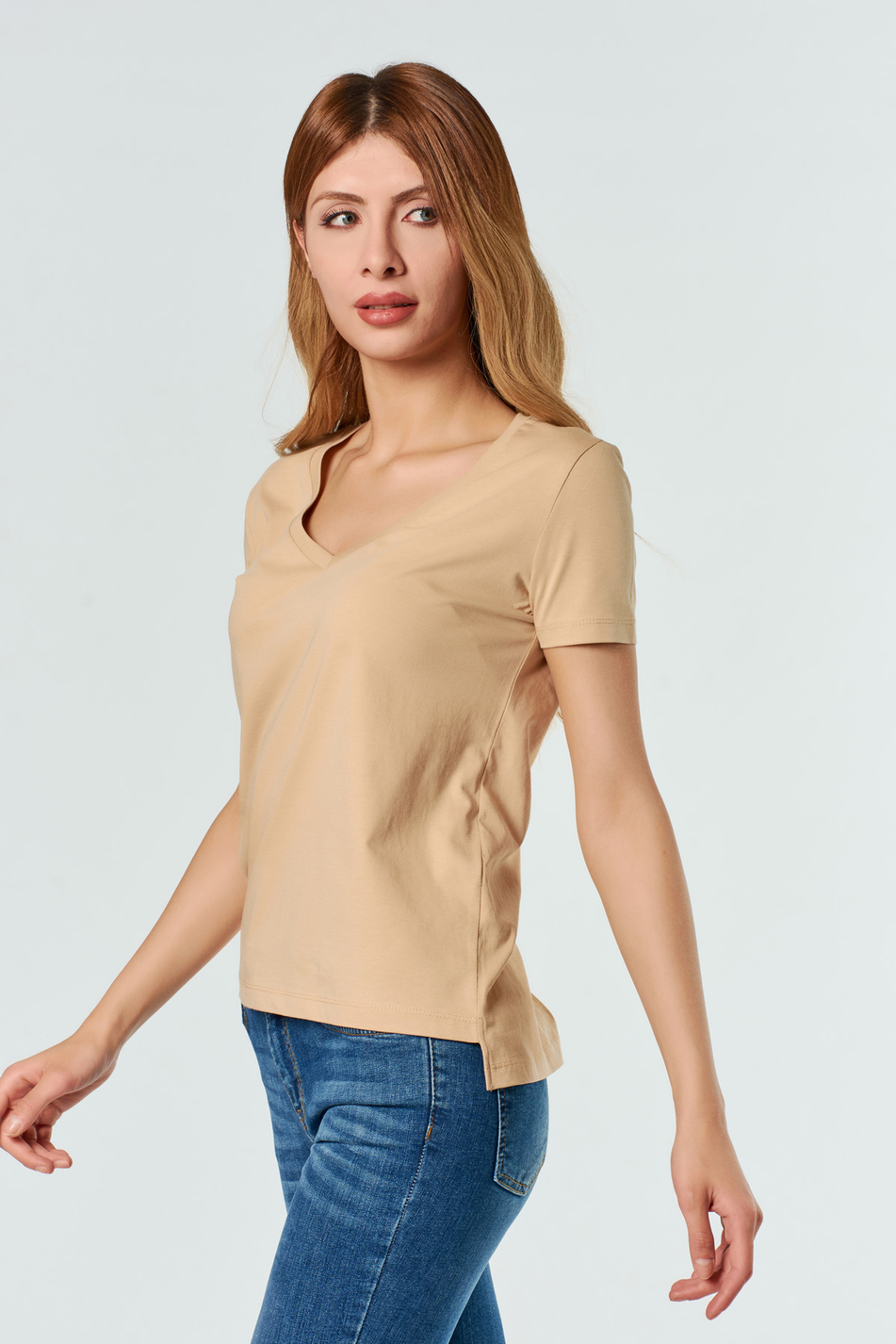 3470 V Yaka Basic T-Shirt Camel-Coral