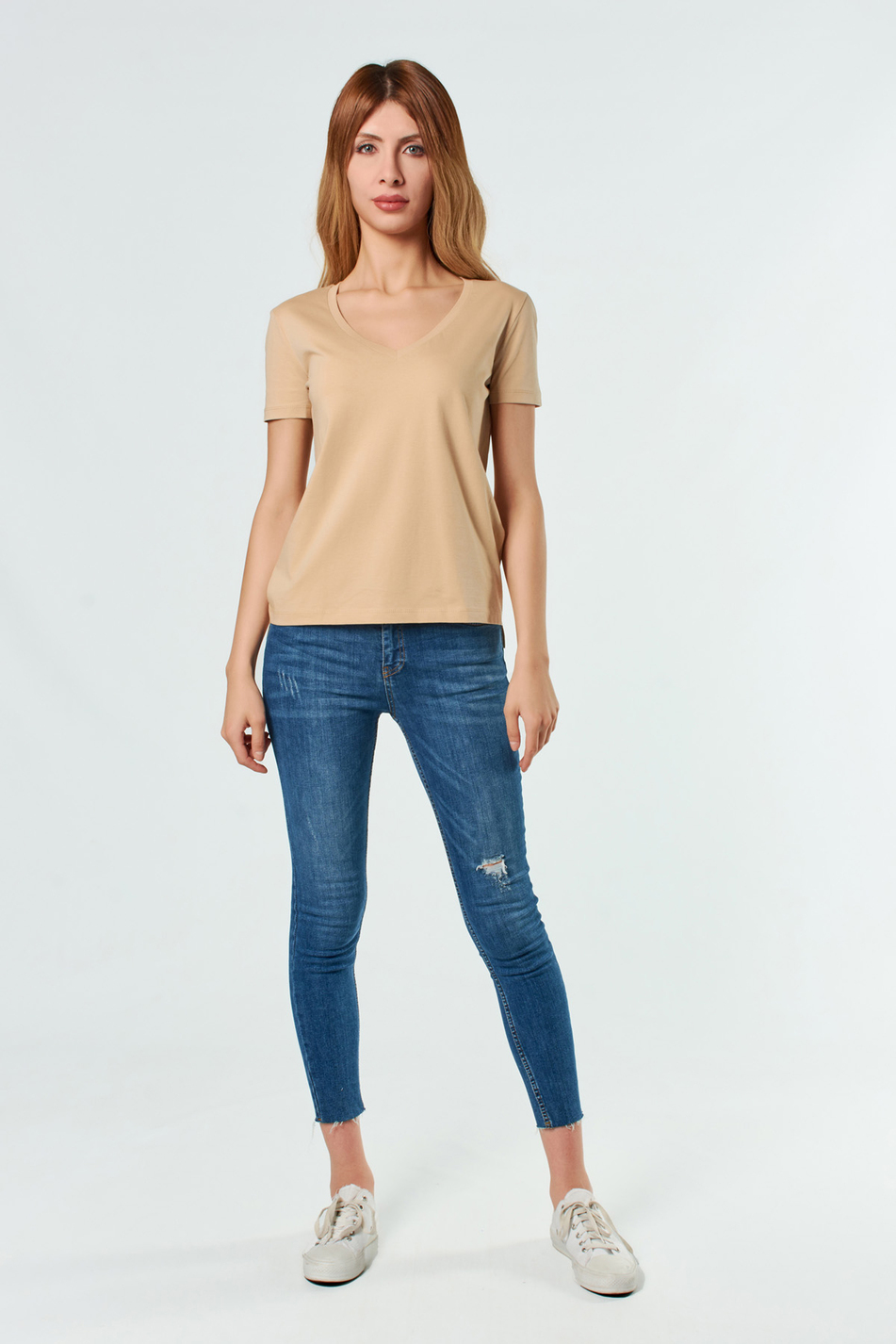 3470 V Yaka Basic T-Shirt Camel-Coral